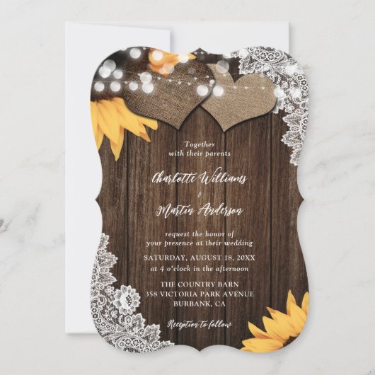 Invitation Sunflower Bois Chaîne Lights Floral Mariage dentel (Devant)