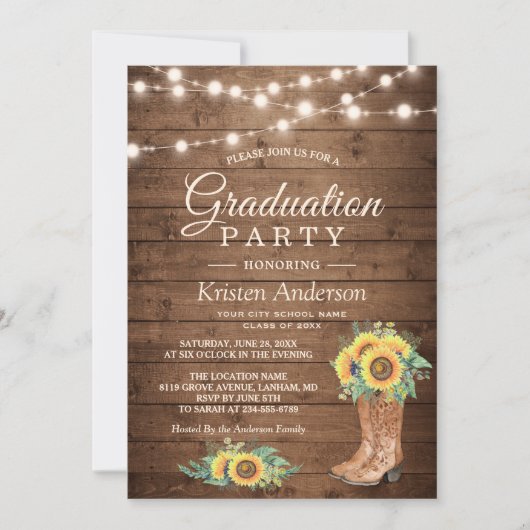 Invitation Sunflower Boots String Lights Graduation Party (Devant)