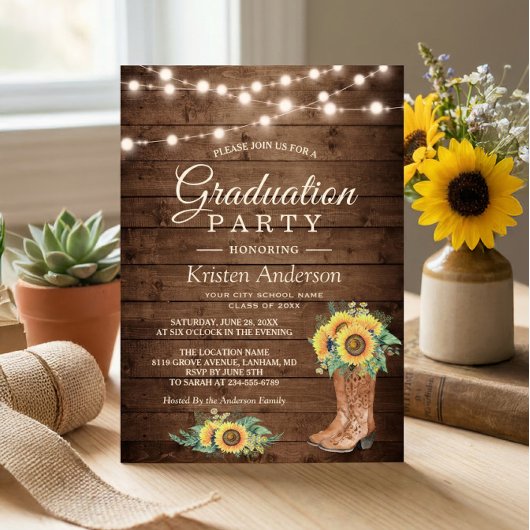 Invitation Sunflower Boots String Lights Graduation Party