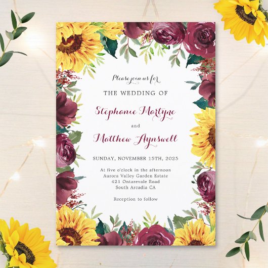 Invitation Sunflower Bourgogne Floral Mariage de automne fron