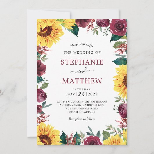 Invitation Sunflower Bourgogne Floral Mariage frontière (Devant)