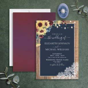Invitation Sunflower Bourgogne Marine Blue Wood Lace Mariage