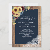 Invitation Sunflower Bourgogne Marine Mariage photo en bois b (Devant)