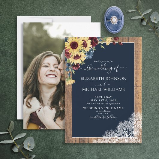 Invitation Sunflower Bourgogne Marine Mariage photo en bois b