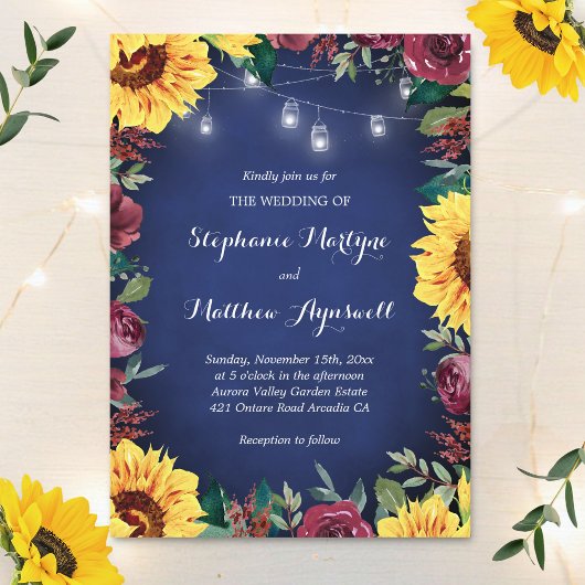 Invitation Sunflower Bourgogne Rose Jar Lights Mariage de la 