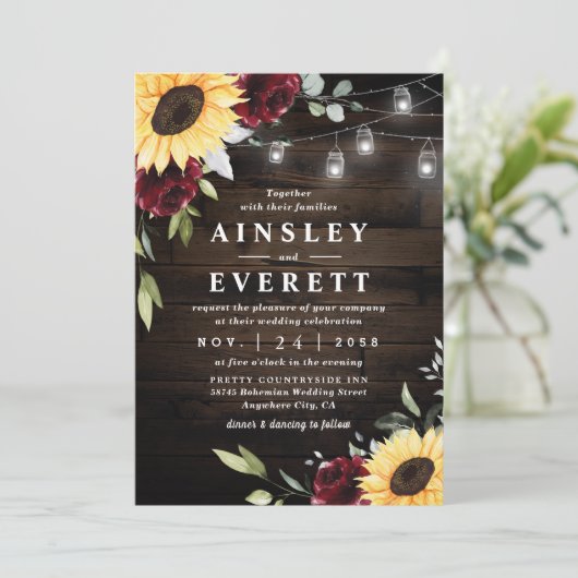 Invitation Sunflower Bourgogne Rose Mason Jar Mariage à thème (Debout devant)