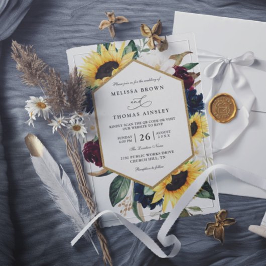 Invitation Sunflower Burgundy Navy Blue QR Code Wedding