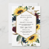 Invitation Sunflower Burgundy Navy Blue QR Code Wedding (Devant)