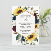 Invitation Sunflower Burgundy Navy Blue QR Code Wedding (Debout devant)