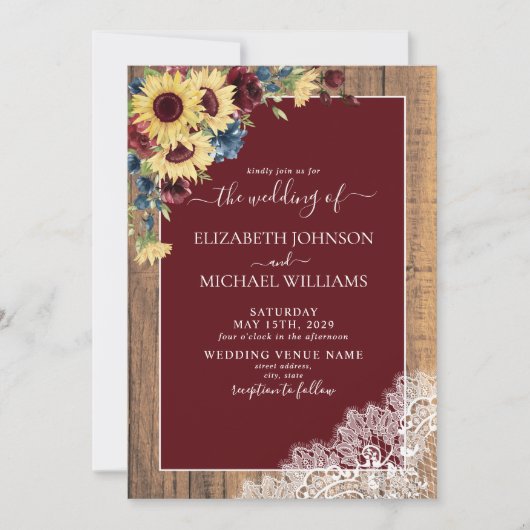 Invitation Sunflower Burgundy Navy Blue Wood Script Mariage (Devant)