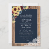 Invitation Sunflower Burgundy Navy Blue Wood Script Mariage (Devant)