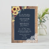 Invitation Sunflower Burgundy Navy Blue Wood Script Mariage (Debout devant)