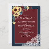 Invitation Sunflower Burgundy Navy Blue Wood Script Mariage (Devant)