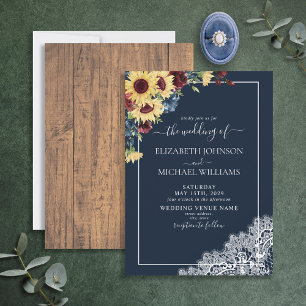 Invitation Sunflower Burgundy Navy Blue Wood Script Mariage
