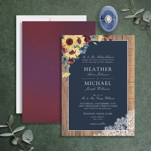 Invitation Sunflower Burgundy Navy Blue Wood Script Mariage