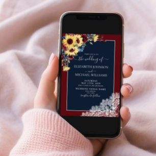 Invitation Sunflower Burgundy Navy Blue Wood Script Mariage
