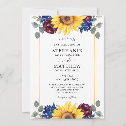 Invitation Sunflower Burgundy Navy Floral Mariage or (Devant)