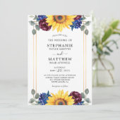 Invitation Sunflower Burgundy Navy Floral Mariage or (Debout devant)
