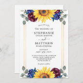 Invitation Sunflower Burgundy Navy Floral Mariage or (Devant / Derrière)