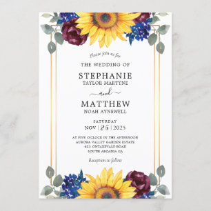 Invitation Sunflower Burgundy Navy Floral Mariage or
