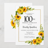 Invitation Sunflower Daisy 100e anniversaire Surprise Party (Devant / Derrière)