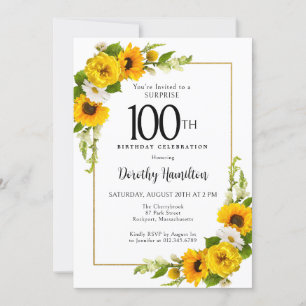 Invitation Sunflower Daisy 100e anniversaire Surprise Party