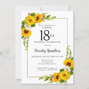 Invitation Sunflower Daisy 18e anniversaire Surprise Party