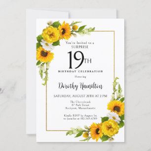 Invitation Sunflower Daisy 19e anniversaire Surprise Party