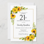 Invitation Sunflower Daisy 21e anniversaire Surprise Party<br><div class="desc">Jolie invitation de tournesol jaune floral 30ème anniversaire. Les tourbières jaunes et les marguerites blanches se mêlent aux tournesols. Un cadre en or rectangulaire lui donne une ambiance élégante. Très facile à customiser. Ce dos est blanc avec un bouquet de tournesol. C'est parfait pour un anniversaire d'été. Cet article est...</div>