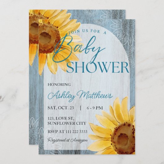 Invitation Sunflower Dusty Bleu Rustique Baby shower en bois (Devant / Derrière)