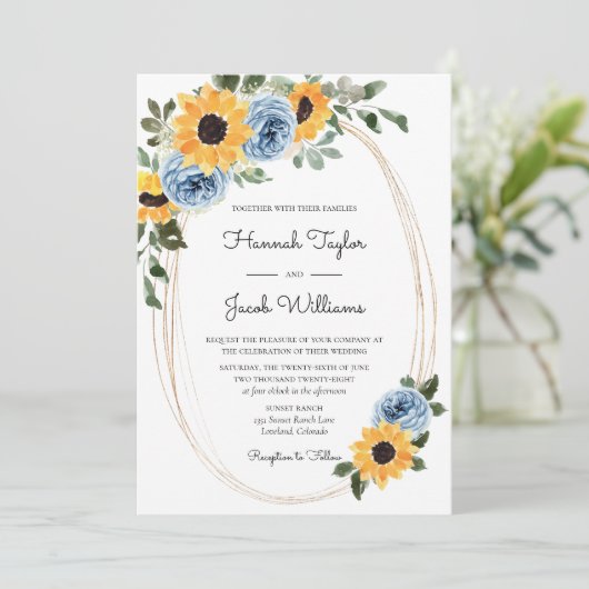 Invitation Sunflower Dusty Blue Rustic Code QR Mariage (Debout devant)