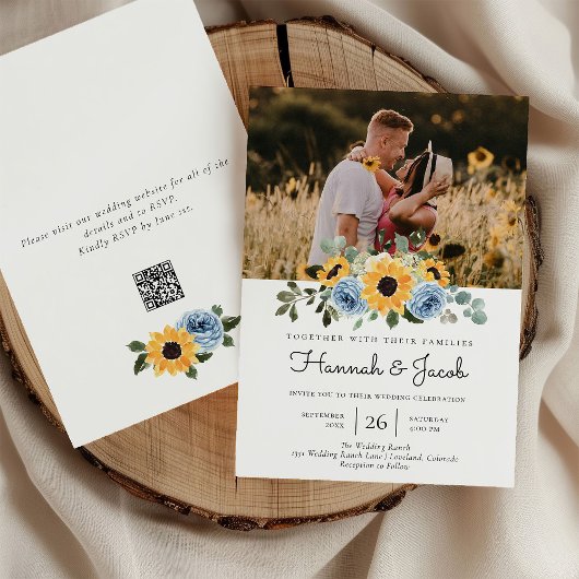 Invitation Sunflower Dusty Blue Rustic Photo Code QR Mariage