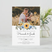 Invitation Sunflower Dusty Blue Rustic Photo Code QR Mariage (Debout devant)