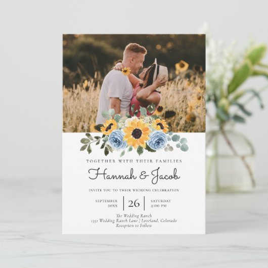 Invitation Sunflower Dusty Blue Rustic Photo Code QR Mariage (Debout devant)