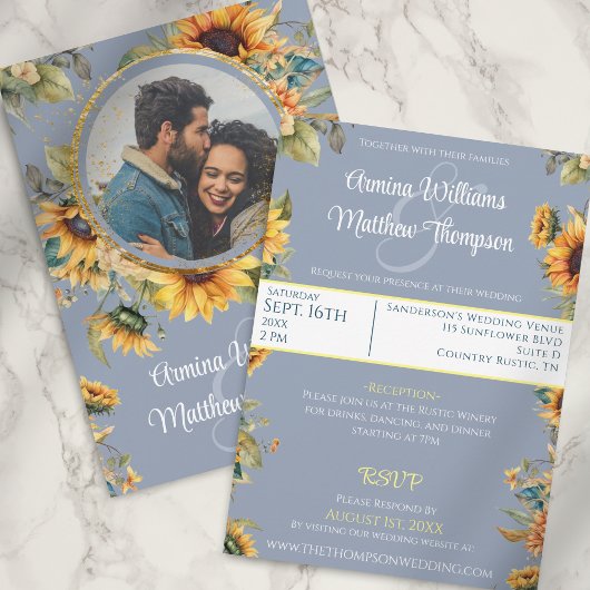 Invitation Sunflower Dusty Mariage photo bleu avec RSVP