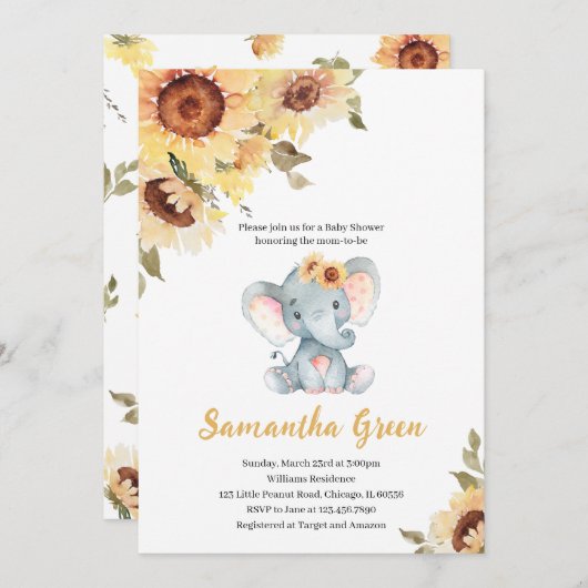 Invitation Sunflower Elephant Baby Shower (Devant / Derrière)