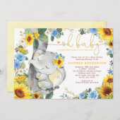 Invitation Sunflower Elephant Bleu Rose Baby shower vert (Devant / Derrière)