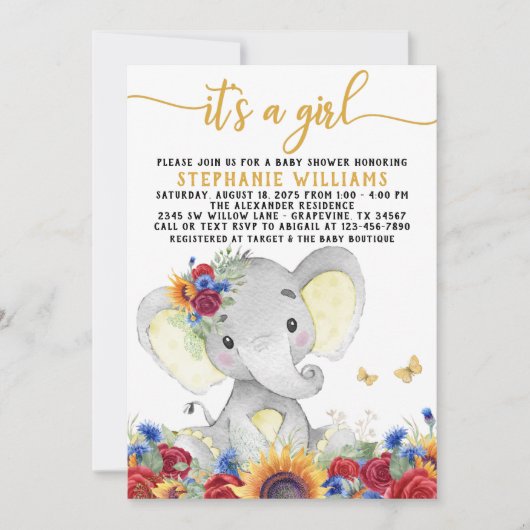 Invitation Sunflower Elephant Butterfly Douche (Devant)