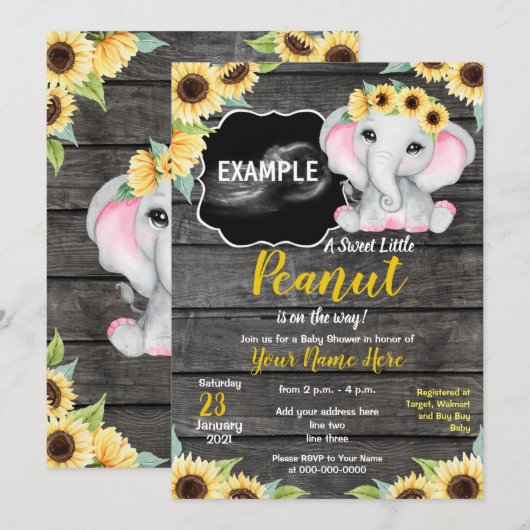 Invitation Sunflower Elephant Ultrasound Baby shower Invi (Devant / Derrière)