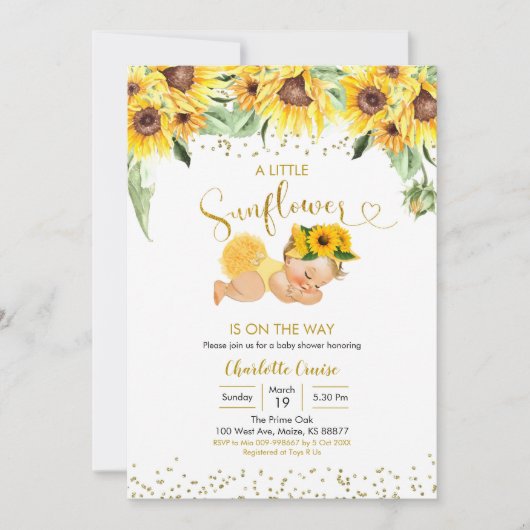 Invitation Sunflower est sur le chemin Baby shower Blonde Gir (Devant)