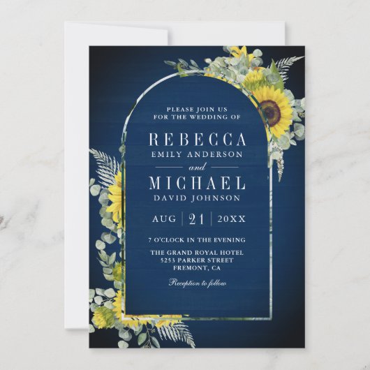 Invitation Sunflower Eucalyptus Arch Code QR Marine Mariage (Devant)