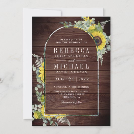 Invitation Sunflower Eucalyptus Arch QR Code Mariage en bois (Devant)