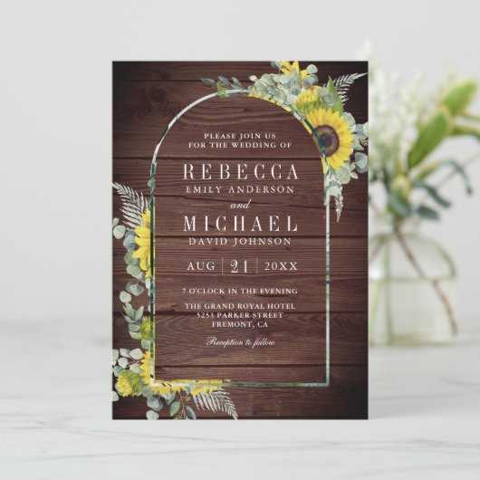 Invitation Sunflower Eucalyptus Arch QR Code Mariage en bois (Debout devant)
