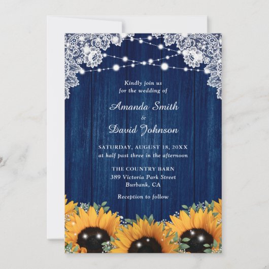 Invitation Sunflower Eucalyptus Dentelle de bois Marine Maria (Devant)