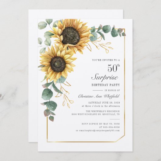 Invitation Sunflower Eucalyptus floral Script 50e anniversair (Devant / Derrière)