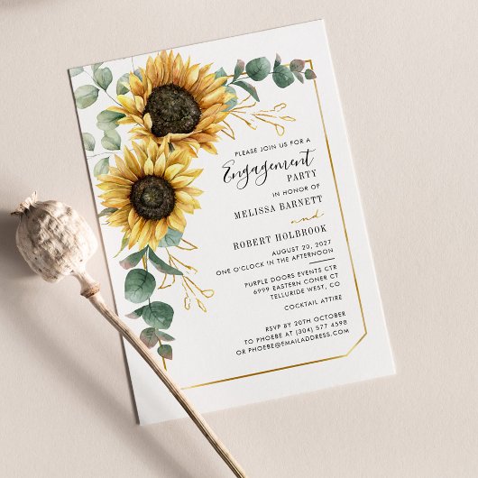 Invitation Sunflower Eucalyptus Gold Fiançailles géométrique