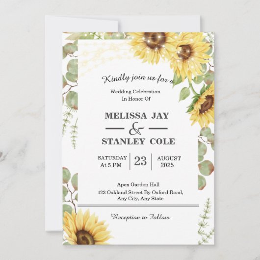 Invitation Sunflower Eucalyptus String Mariage (Devant)