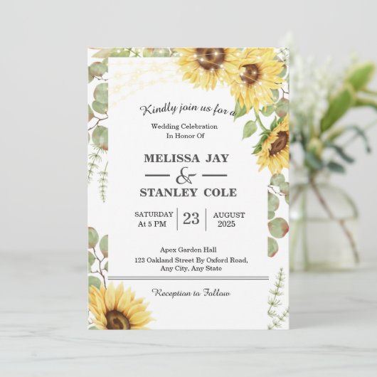 Invitation Sunflower Eucalyptus String Mariage (Debout devant)