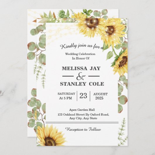 Invitation Sunflower Eucalyptus String Mariage (Devant / Derrière)