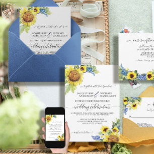 Invitation Sunflower Floral Blue Eucalyptus BOHO Chic Wedding